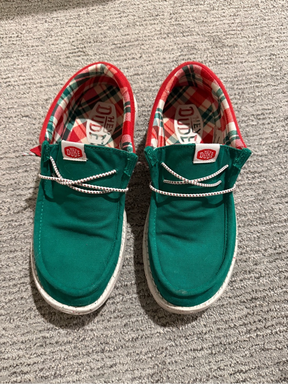 Hey Dude Kids Christmas Elf Canvas Slip-Ons with Plaid Lining, Men’s 8